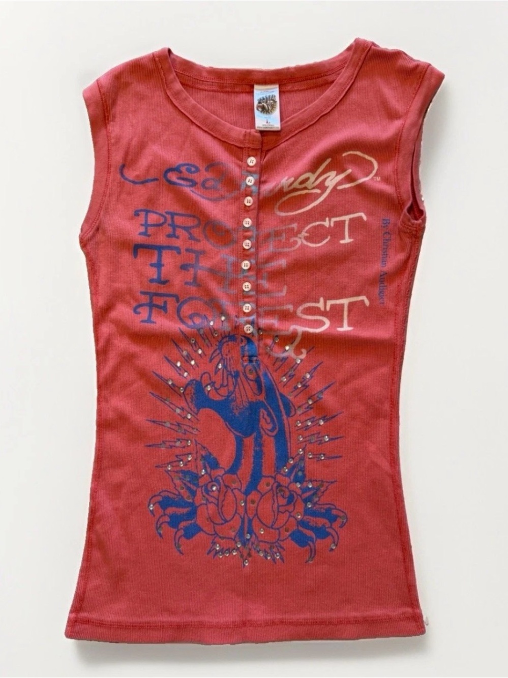 Vntg Y2K Ed Hardy Ribbed Henley Tank Pink Protect The Forest Made USA Slim Sz L
